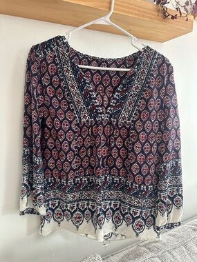 V-Neck Boho Print Blouse in Navy and Red